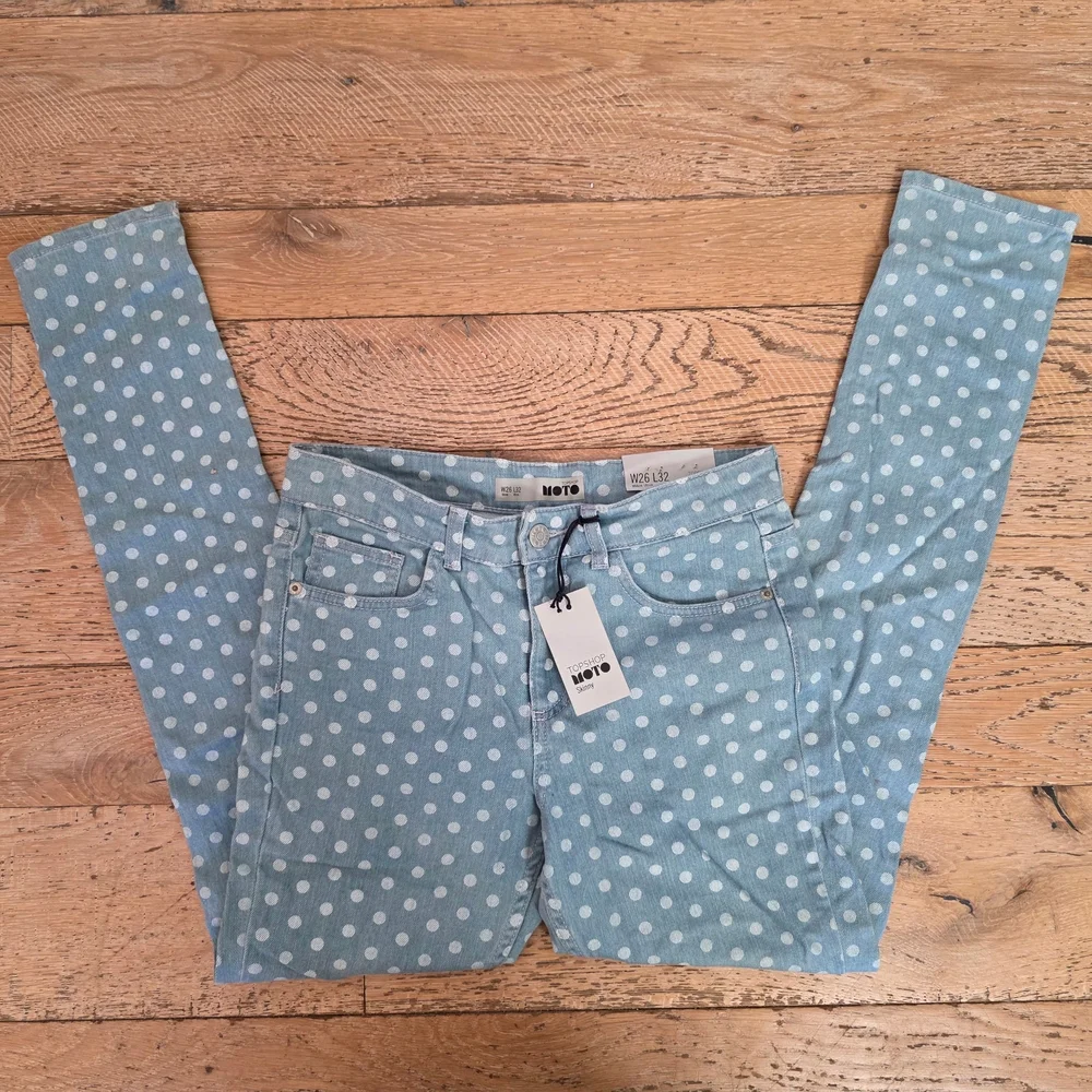 NWT 2000's Vintage Topshop Light Blue Polka Dot Skinny Jeans indie sleaze preppy